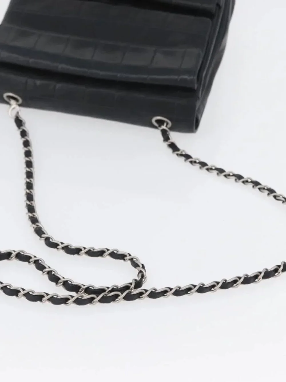 CHANEL Choco Bar Chain Shoulder Bag Lamb Skin Black Silver CC Auth bs33473